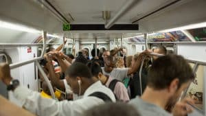 stock image of a crowded subway in NYC